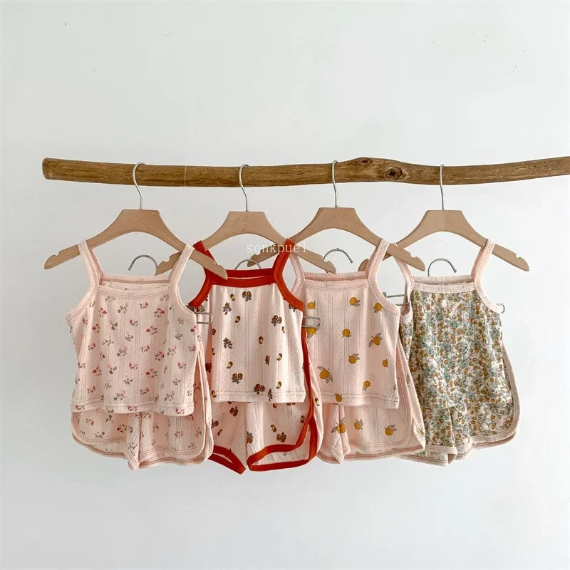 Summer New Baby Sleeveless Tops And Tight Waist Shorts 2 Pieces Suit Girls Square Collar Clothing Set Kids Cotton Clothes