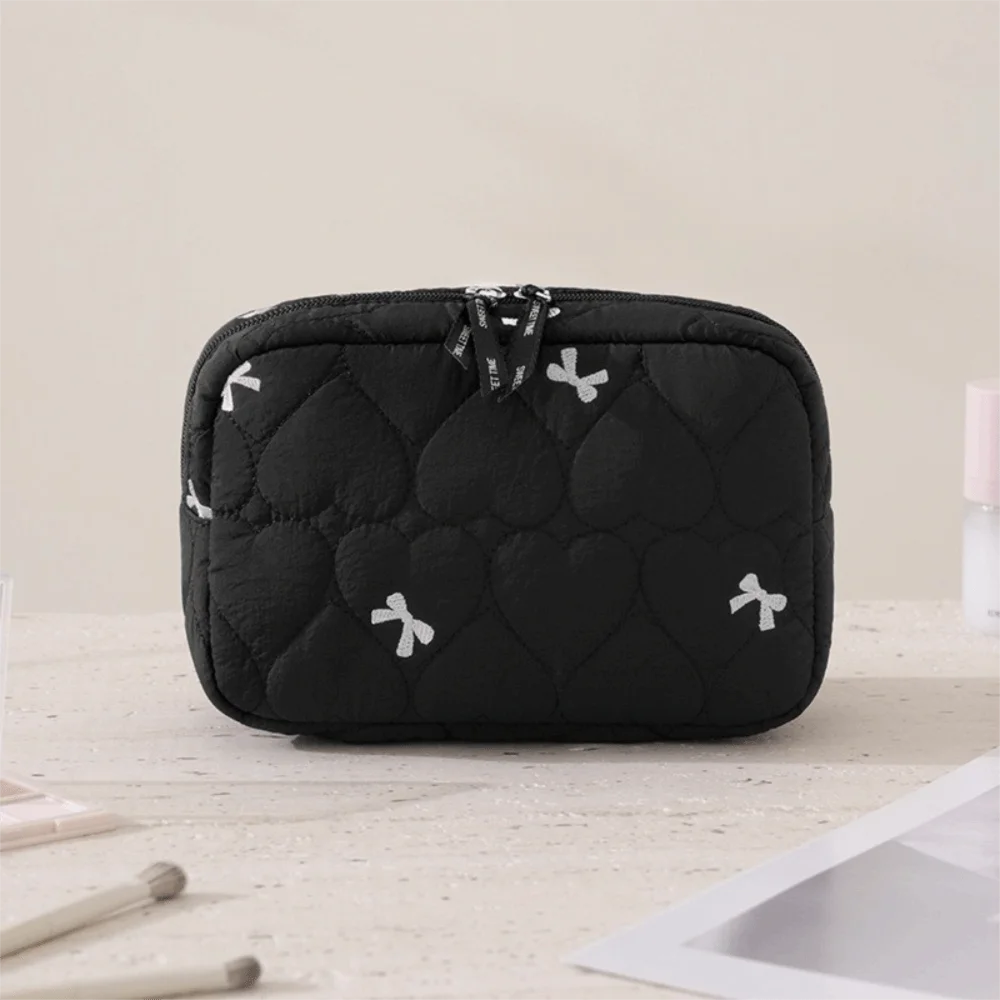 Quilted Makeup Bag Heart Bow Large Capacity Lipstick Cosmetic Pouch Lightweight Data Cable Storage Bag for Women