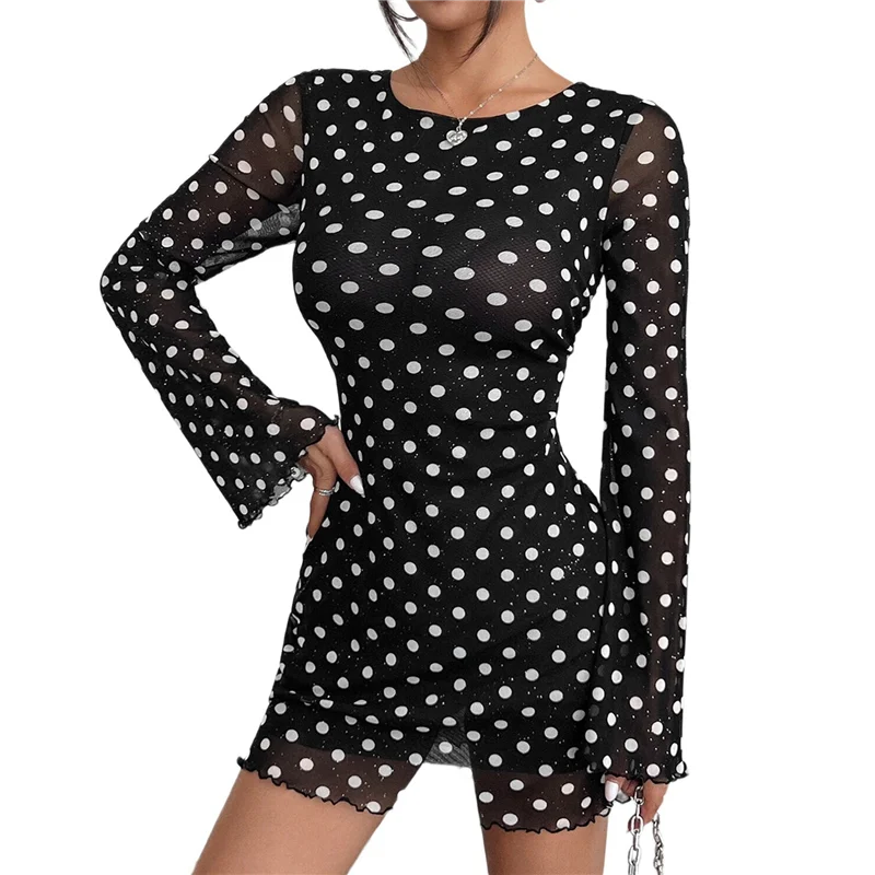 A83F-Women's Floral Tie Dye Sheer Mesh Mini Dress Mock Neck Split Bodycon Flared Long Sleeve Beach Party Dress