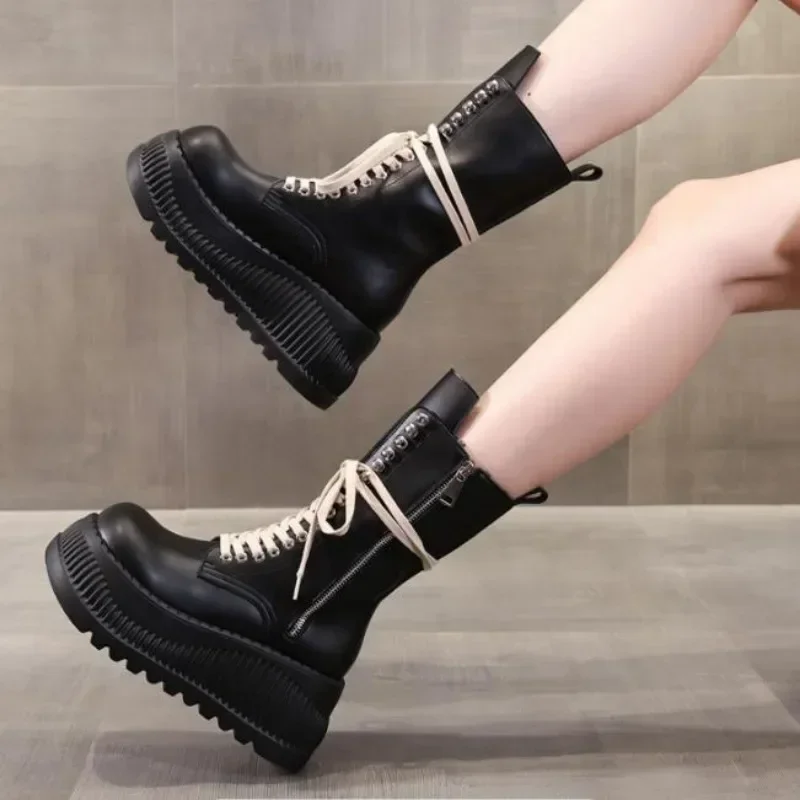 8CM Fashion Women Microfiber Leather Autumn Knee High Ankle Booties Shoes Fashion Platform Boots Wedge Hidden Heel Zip Sneakers