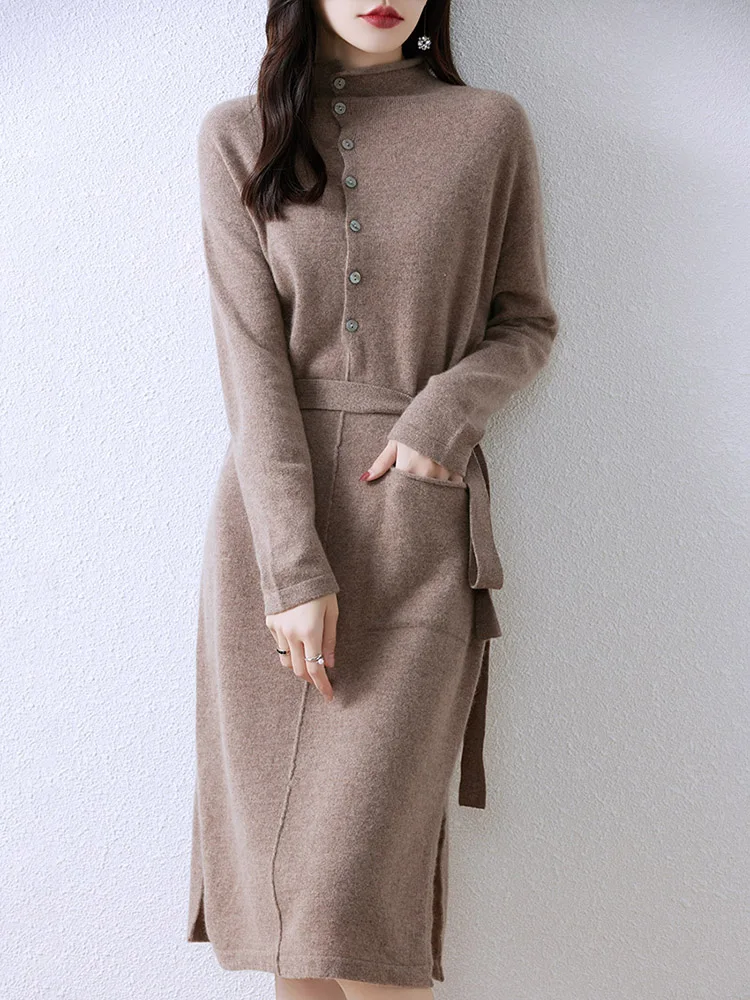 

Women Wool Dress Sweater 100% Merino Wool Knitwear Autumn Winter Pullover Buttons Lace-up Cashmere Pockets Cozy Mock Neck Skirts