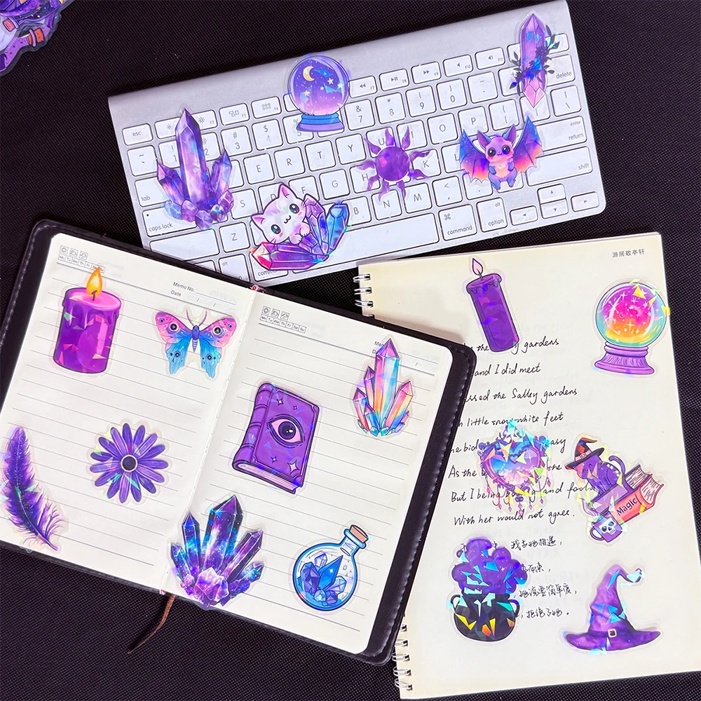 

10/30/50pcs Transparent Laser Purple Magic Witch Stickers Gothic Aesthetic Decals Decoration Laptop Phone Scrapbook Sticker Pack