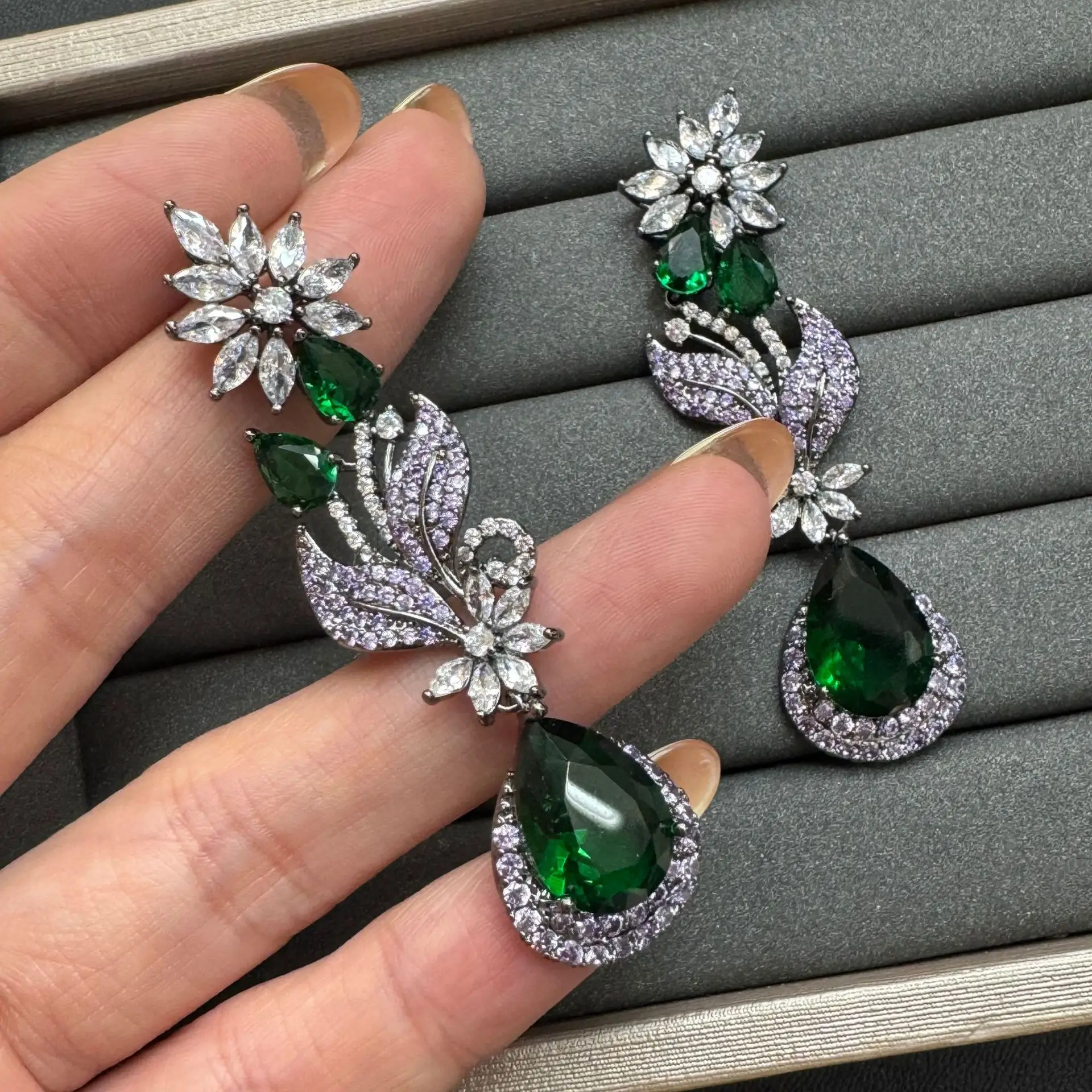 luxury zirconia earrings for women jewelry dinner party long dangling earrings flower floral leaf blue green red shiny jewelry