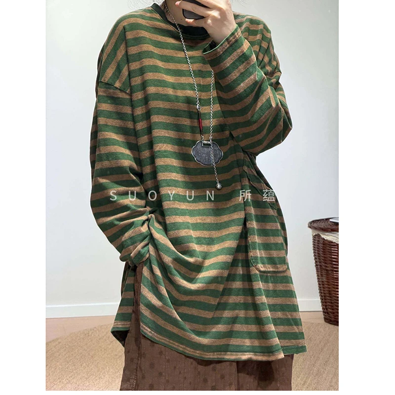 

Новинка 2026 года: Женская повседневная хлопковая футболка в полоску с круглым вырезом и длинным рукавом, универсальная, в стиле арт, S119