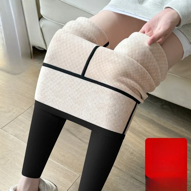 Autumn Winter Womens Warm Leggings Shark Pants Tight Fitting Diamond Grid Fleece Small Foot Leggings Elegant Women's Clothing
