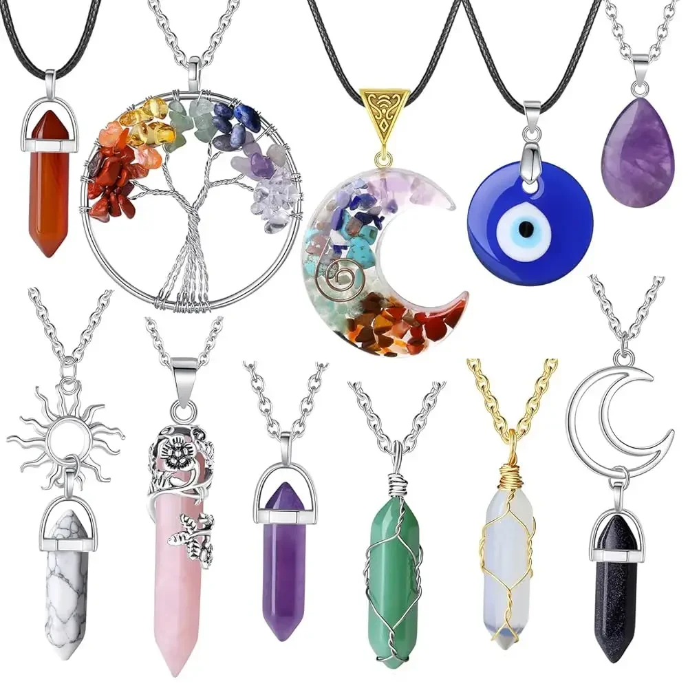 Juego de 11 Collares de Cristal para Mujer, Colgante de Ojo Turco Boho Chakra Hippie, Joyería de Playa, Regalos