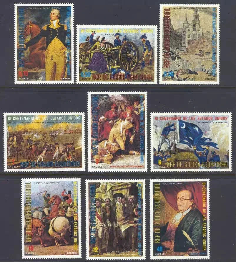 Equatorial Guinea Year 1975 Post Stamps US War Of Independence 9 New Huge Collectible Postage Stamps Material For Scrapbooking