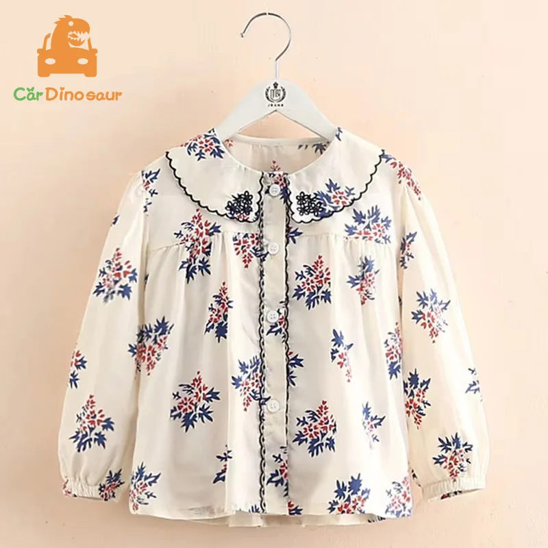2025 New Spring Autumn 2 3 4 6 8 10 12 Years Children Cotton Floral Long Sleeve Tops Kids Baby Girl Peterpan Collar Blouse Shirt