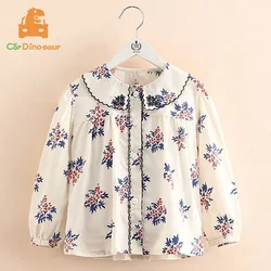 2025 New Spring Autumn 2 3 4 6 8 10 12 Years Children Cotton Floral Long Sleeve Tops Kids Baby Girl Peterpan Collar Blouse Shirt