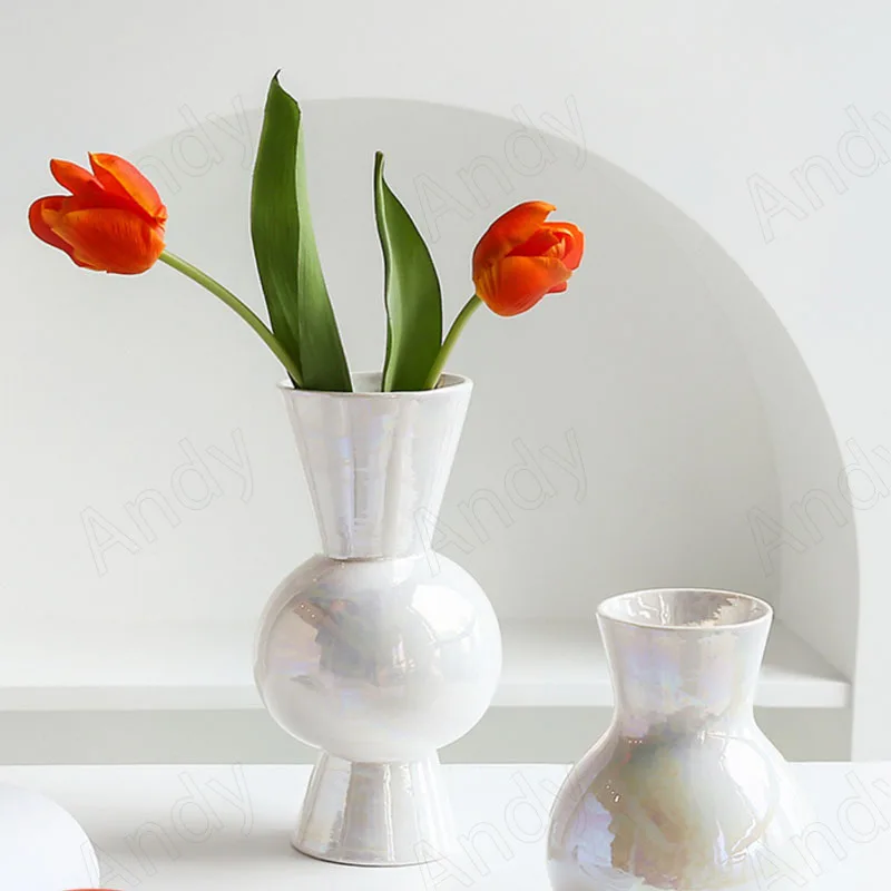 European Ceramic Vase Pearl Glaze Decorative Western Restaurant Flower Vases Modern Living Room Desktop Dried Flower Organizer