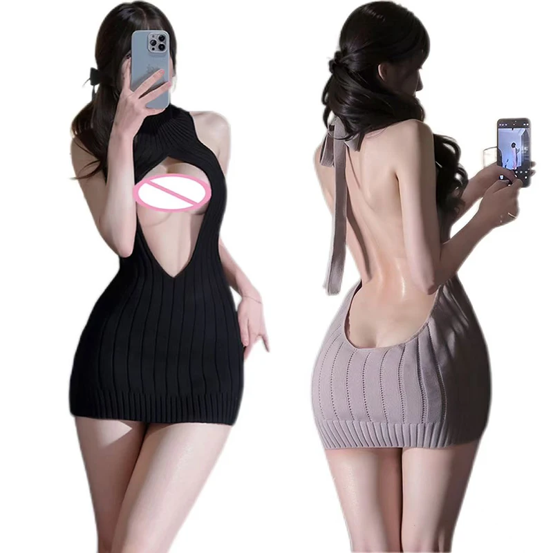 

Sexy Women Lingerie Black Gray Halter Neck High-Necked Neckline Hollow Out Sleeveless Knitted Sweater Dress Cute Girl Sleeping