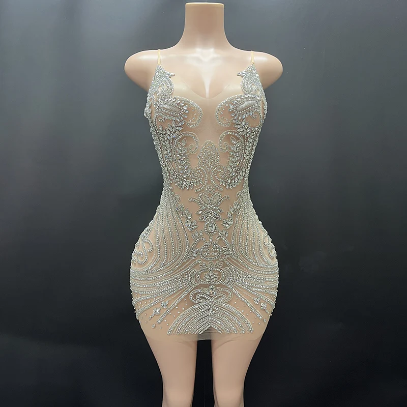 

Sexy See-tough Ultra-ort Dr for Fem Singer Stage Performance Dr Flaing Small Diamond Pattern Ele Wedding D...