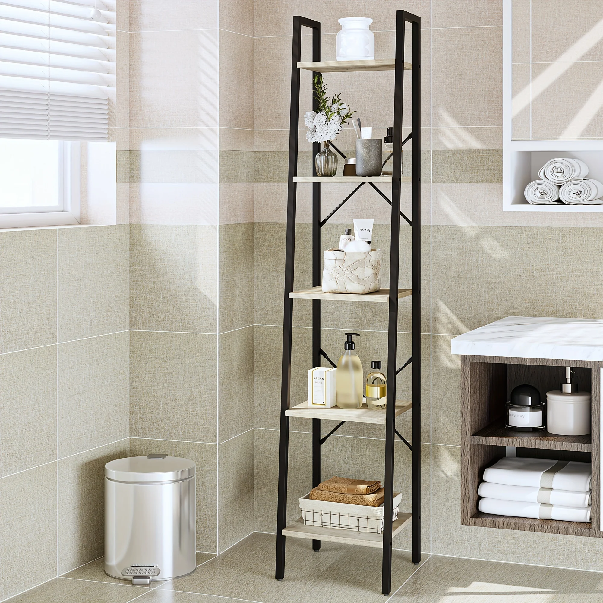 

5-Tier Industrial Greige & Black Ladder Shelf - Space-Saving Corner Storage with Stylish Hooks - Perfect for Home Office