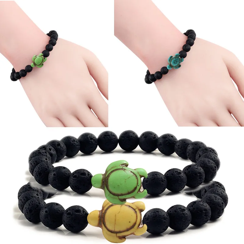 Natural Lava Stone Beads Healing Balance Chakra Charm Bracelet 8mm Pair with colorful turtles Bracelet for Women Men Jewelry