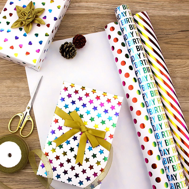 Happy Birthday Wrapping Sheet Rolls Bright Colorful Stars Circle Christmas Wrapping Paper Rolls For Party Gifts Decor