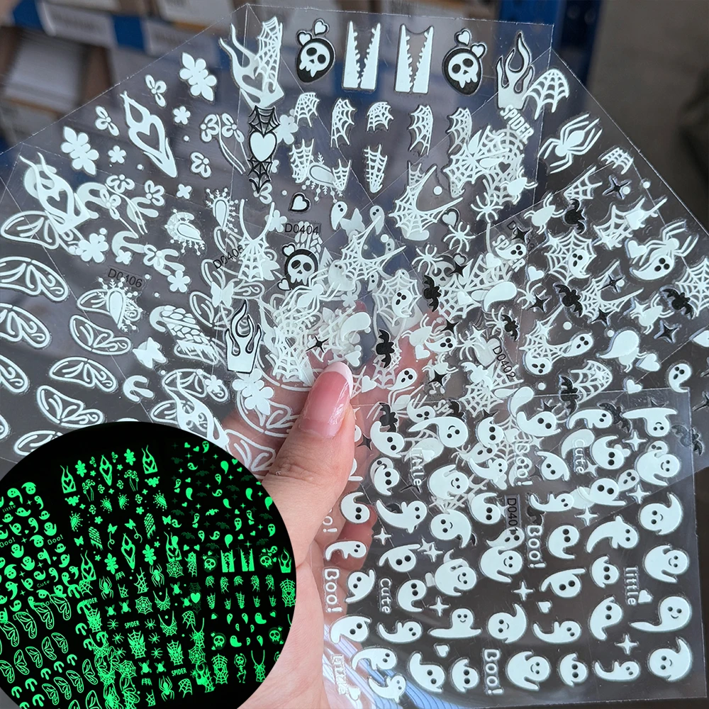 

6sheets 3D Luminous Halloween Nail Stickers Skull, Spider Web, Cute Ghost Design Glow In The Dark Nails Art Slider Halloween Dec