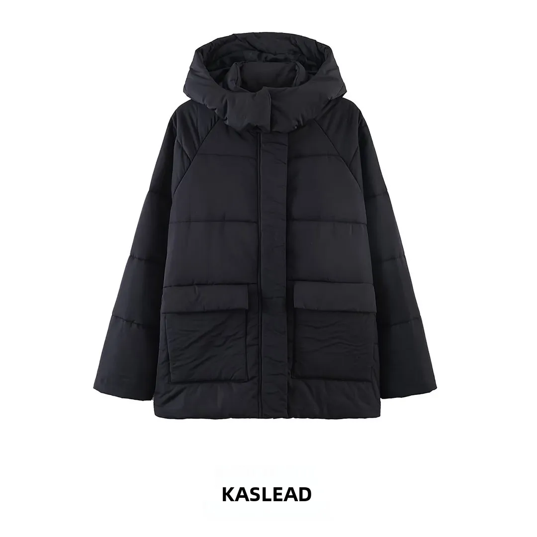 KASLEAD New Women's Fashion High-End Versatile Warm Cotton Jacket Windproof Design Autumn Winter Zipper Closure Hooded Coat
