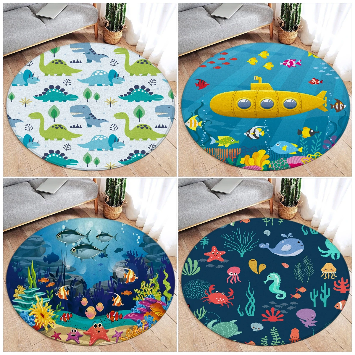 Cartoon Ocean Animals Round Carpet Cute Dinosaur Octopus Starfish Fish Children Bedroom Mats Home Living Room Decor Floor Rugs