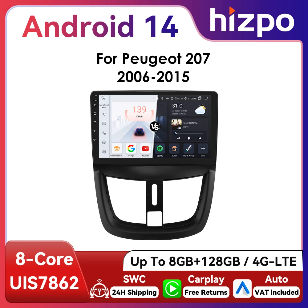 9  Hizpo 2Din CarPlay Android Auto Autoradio per Peugeot 207CC 2006 - 2015 UI7862 Multimedia Navi GPS RDS DSP 4G BT 360 °   Fotocamera