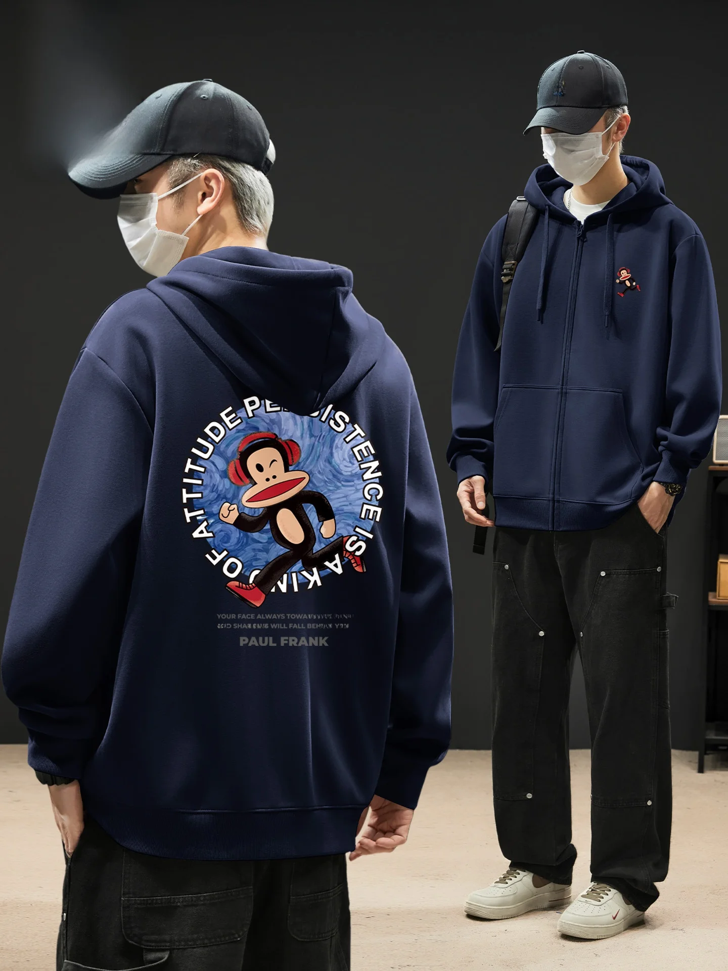 

Heavyweight American Sle Hoodie Cardigan Men's Faionable Monkey Print Long Sve Casual Sweatirt