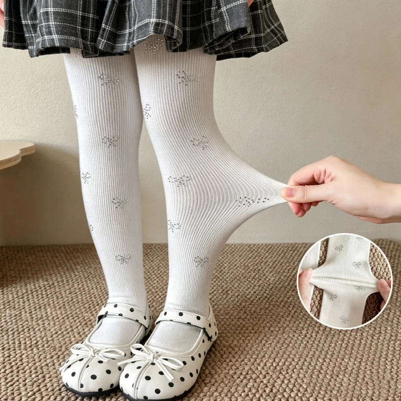 Lovely Little Girls Full Shiny Rhinestone Bow Decor Leggings With Small Foot Pattern On Sole High Elastic Anti Pilling Pantyhose
