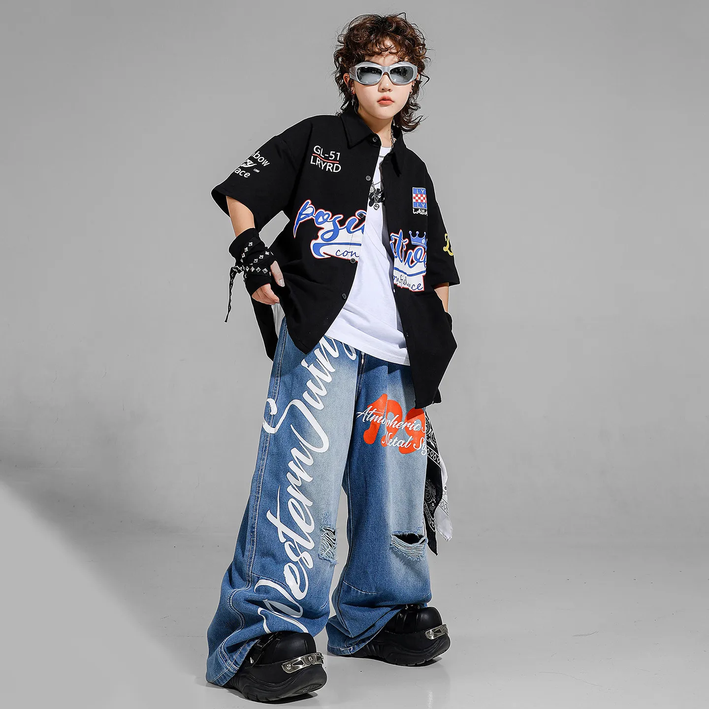 Kid Hip Hop Clothing Black Baseball Shirt Top Denim Blue Casual Distressed Ripped Jeans Pants for Girl Boy Dance Costume Clothes