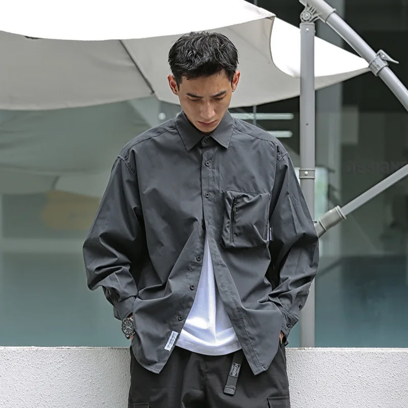 Autumn Winter Japanese Multi-Pocket Cargo Shirt Men's Loose City Boy Long Sleeve Top