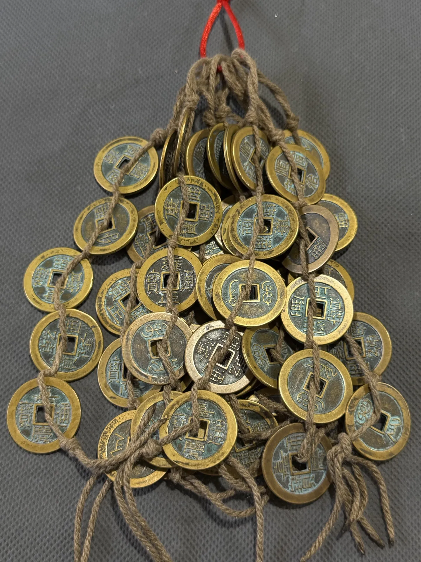 Chinese Antique Brass Emperor Coins String, Vintage Hemp Rope Feng Shui Lucky Copper Cash Ornament