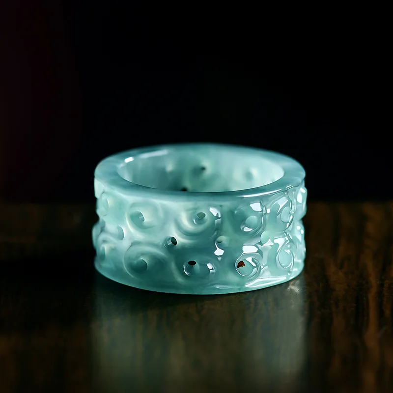 Natural Jade Blue Water Hollow Auspicious Cloud Finger Ice Jadeite Personalized Fashion Men and Women Couples Holiday Gift