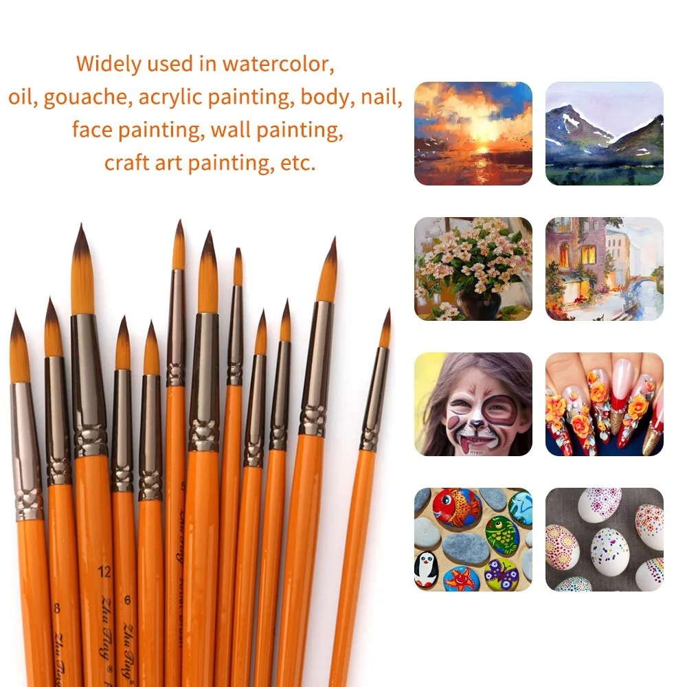 12Pcs Wooden Handle Brushes Set Nylon Hair Pointed Tip Pointed Tip Brushes Lightweight Multipurpose Watercolor Paint Brushes