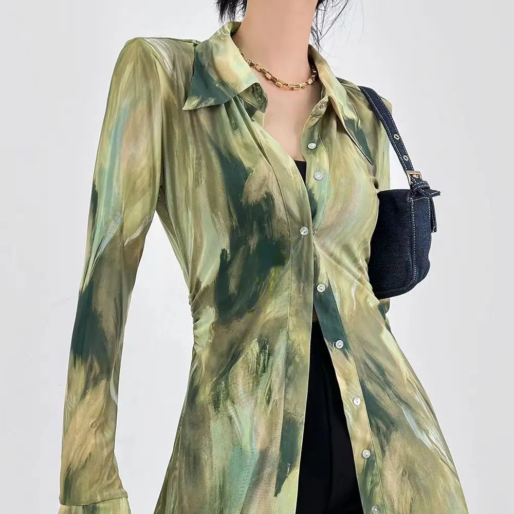 2026 Vintage Tie Dye Gradient Slim Mesh Shirt Women's Autumn Flared Sleeve Lapel Top
