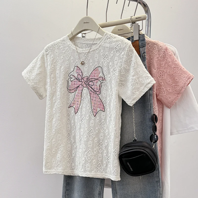 

Harajuku Women T Shirt Hollow embroidered Butterfly Tshirt Fashion Heart T Shirt Female Short Sleeve Tops Tee Ladies T-shirts