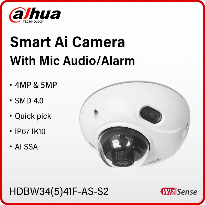 

Dahua Smart Ai Mini Camera 4MP 5MP WizSense Waterproof Starlight Dome IP Camera With Mic Audio Alarm Port SMD4.0 HDBW3441F-AS-S2