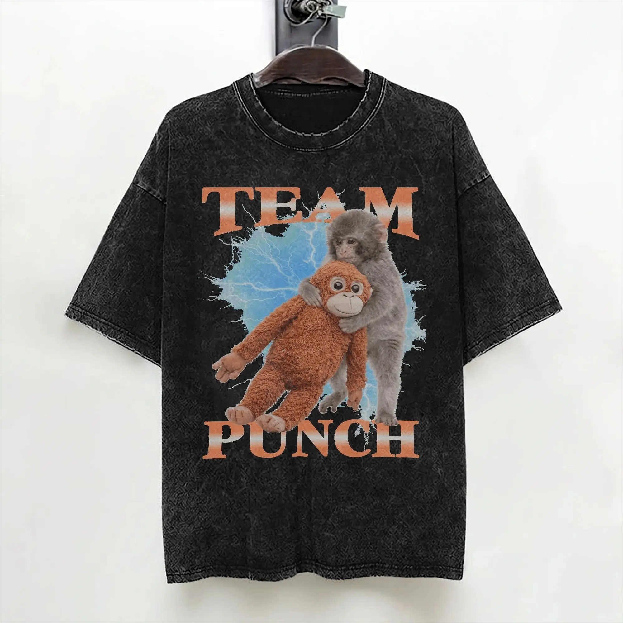 Kawaii Punch Baby Monkey T Shirts Washed 100% Cotton T-Shirts Vintage for Men Women Streetwear Graphic Printed Tee Shirt