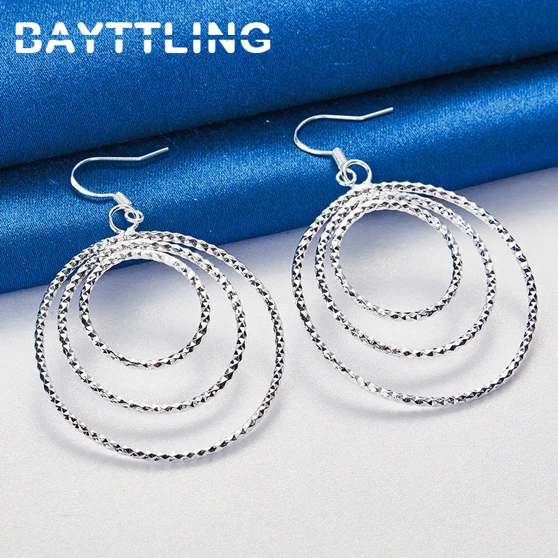 

New 925 Sterling Silver Fashion 63MM 3 Circle Round Earrings For Women Girlfriends Wedding Gift Jewelry Accessories Party