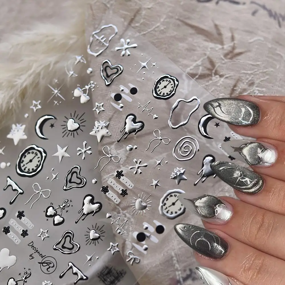 1 Uds 5D Metal Y2K líquido amor estrella Luna Nail Art pegatina estilo Punk reloj plateado latido del corazón deslizador de corazón calcomanías de manicura románticas