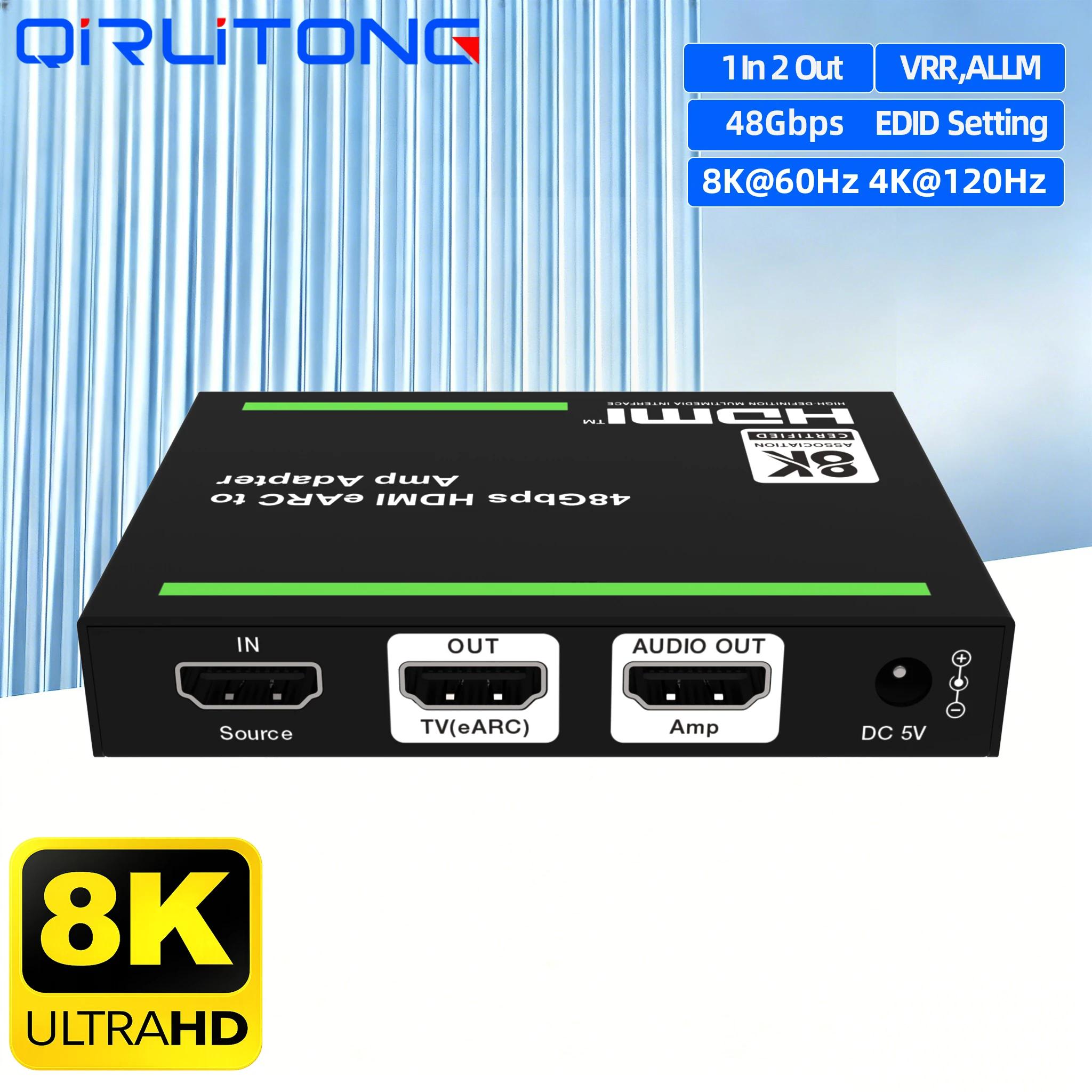 8K HDMI 48Gbps 1 in 2 out 2.0 EARC Audio Extractor Adapter 8K60Hz 4K120Hz Dolby Atmos DTS:X ARC CEC Volume Control