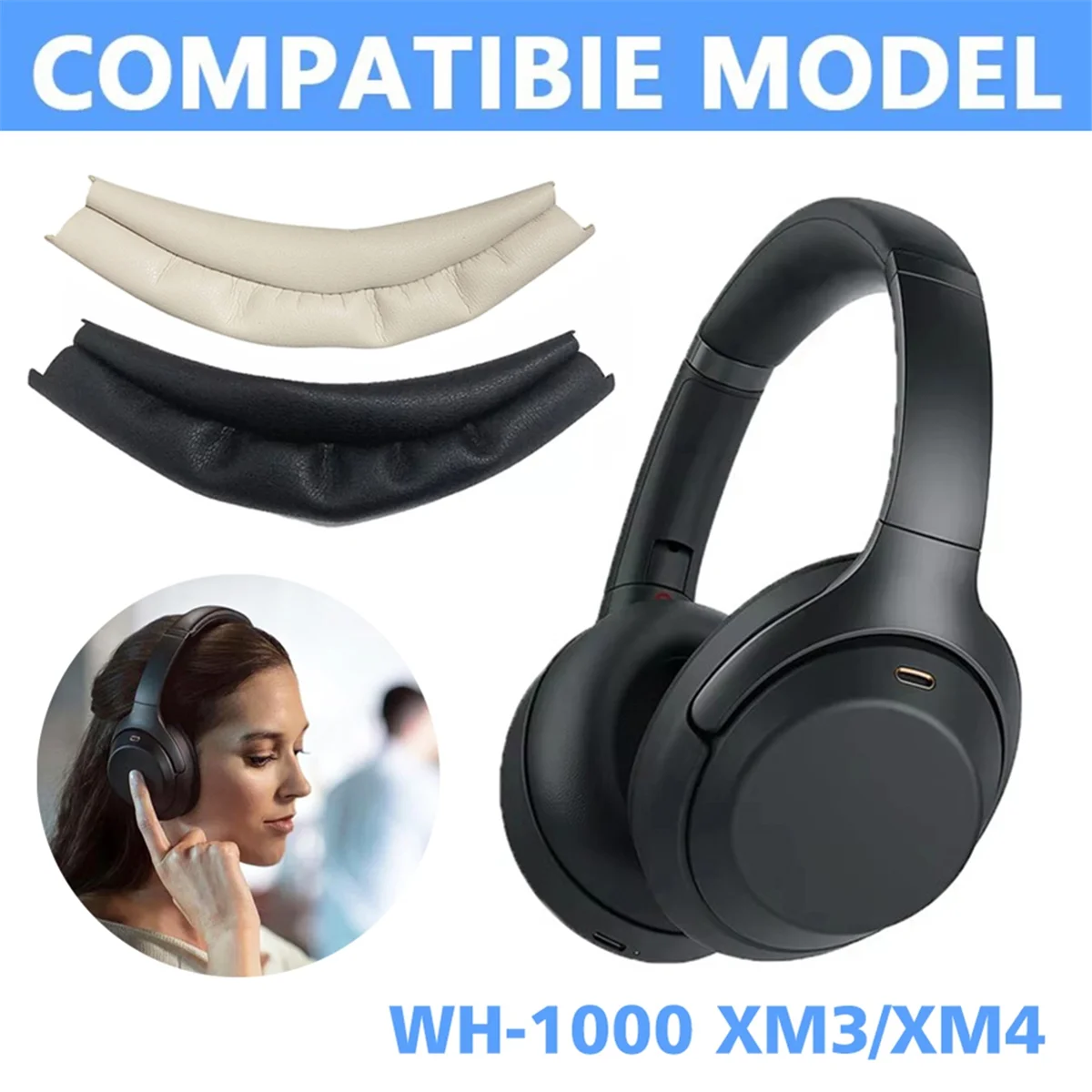 Vervangende hoofdband voor Sony WH-1000XM4 1000XM3 draadloze hoofdtelefoon XM4 XM3 hoofdbandhoes Memory Foam kussen wit