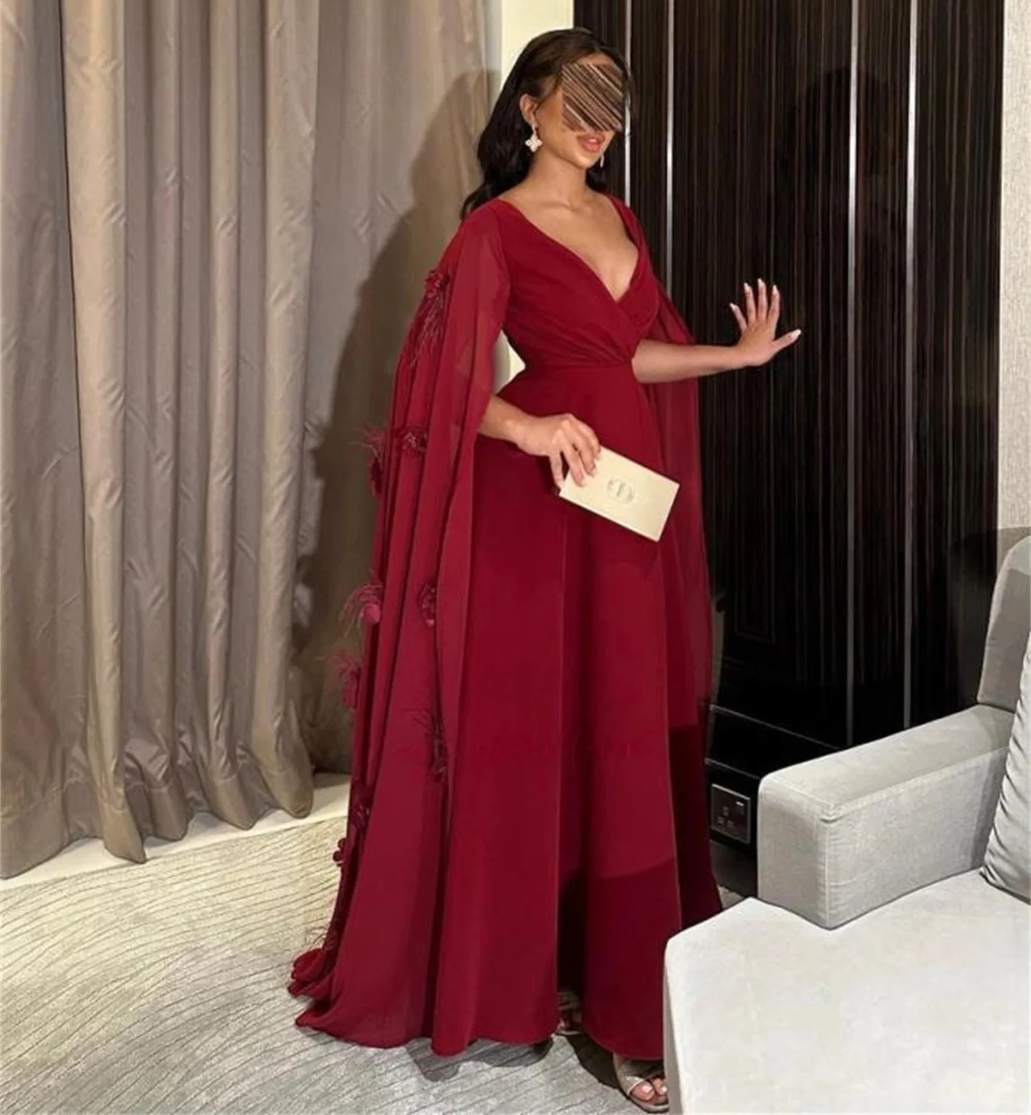 

Burgundy V-neck Long Bespoke Occasion Gown Evening Dresses Pastrol Unisex Jersey Retro Dubai Saudi Arabic Israel Prom Customized