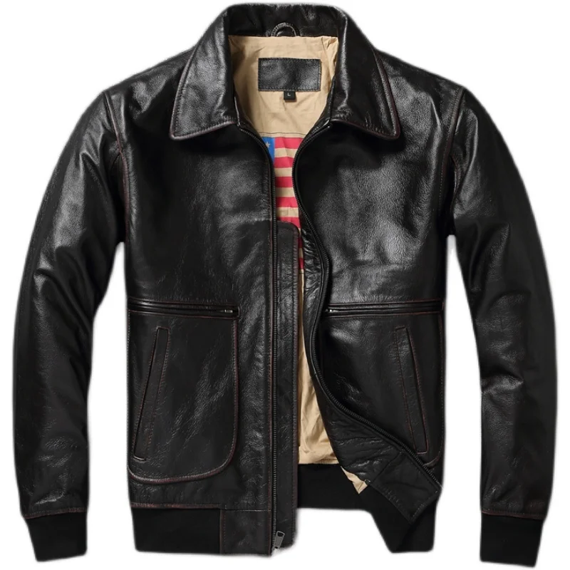 

Style Vintage Black Miilitary Spring Men's A2 Jacket Plus Size 5XL Natural Cowhide Autumn Aviation Genuine Leather Coats