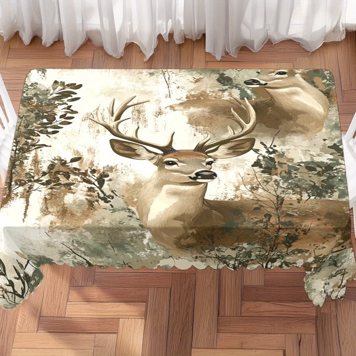Vintage Forest Deer Antler Grunge Art Print Waterproof Tablecloth, Rectangular Table Cover for Cabin Home Dining Party Decor