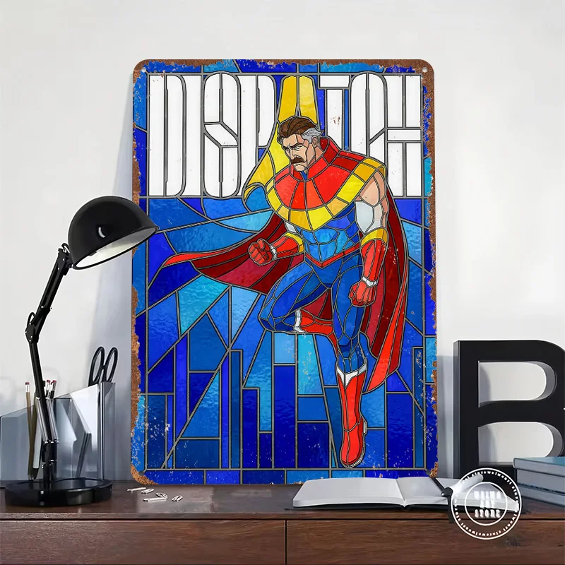 Superhero Dispatch in Stained Glass 3D Texture Printed Poster Custom Vintage Metal Tin Plate Sign for Wall Art Funny Signs Decor