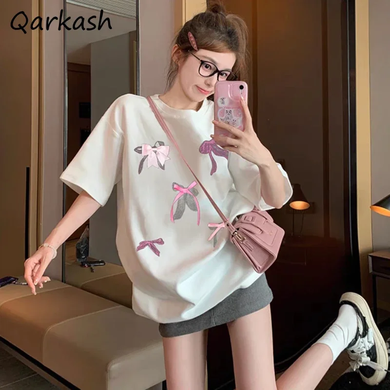 

Футболки женские повседневные свободные банты эстетические Y2k фея гранж элегантные милые милые девушки свежий дизайн с коротким рукавом летняя мода