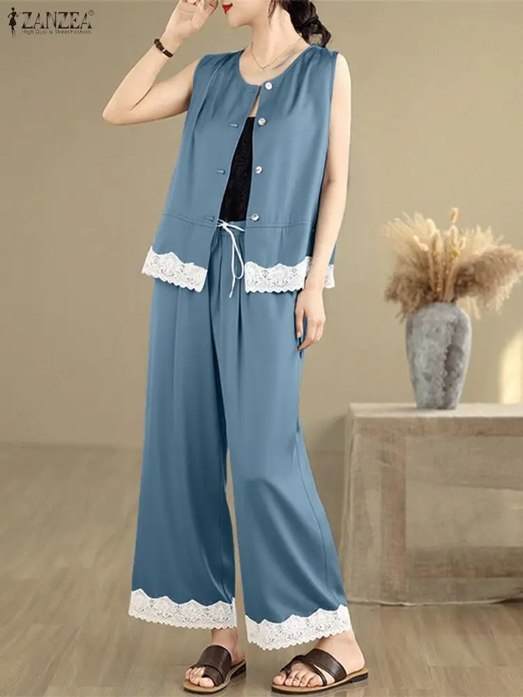 ชุดเซ็ตแฟชั่นผู้หญิง ZANZEA 2025 ชุดฤดูร้อนผ้าลูกไม้ 2 ชิ้น เสื้อแขนกุดสวยหรู กางเกงขายาวเอวยางยืด ชุดลำลอง