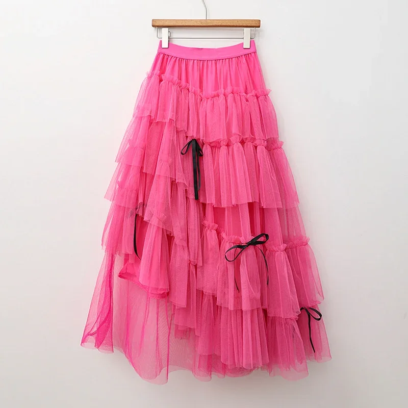 Long Maxi Tulle Skirt Women Sweet Tiered Long Skirt Autumn Winter Women Fashion Korean Mesh Female Party Skirt Clothes 2025