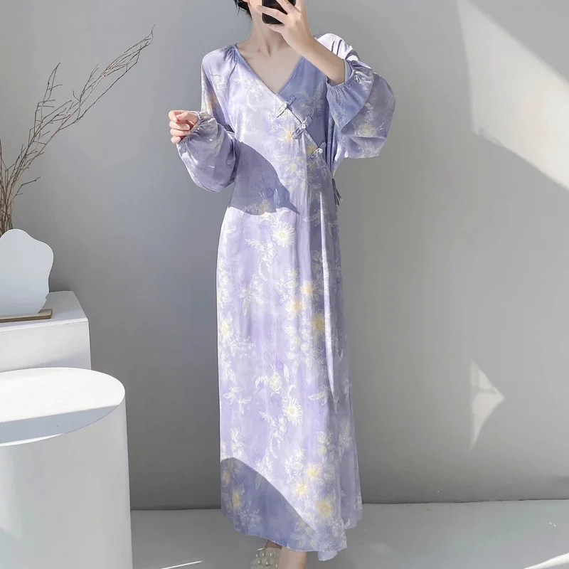 Floral Cotton Silk Nightgown Women, Long-Sleeved, Loose And Thin, Suitable Spring Summer, Simple Comfortable Home Wear - view 4