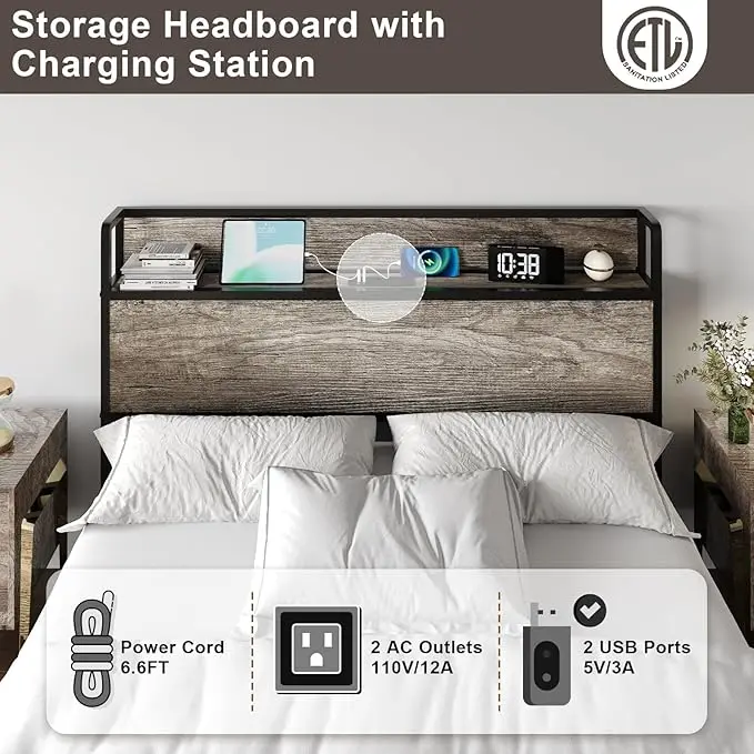 Full Size Lift Up Storage Bed Frame with Lifting Storage & Charging Station, No Spring Box Needed/Noise Free