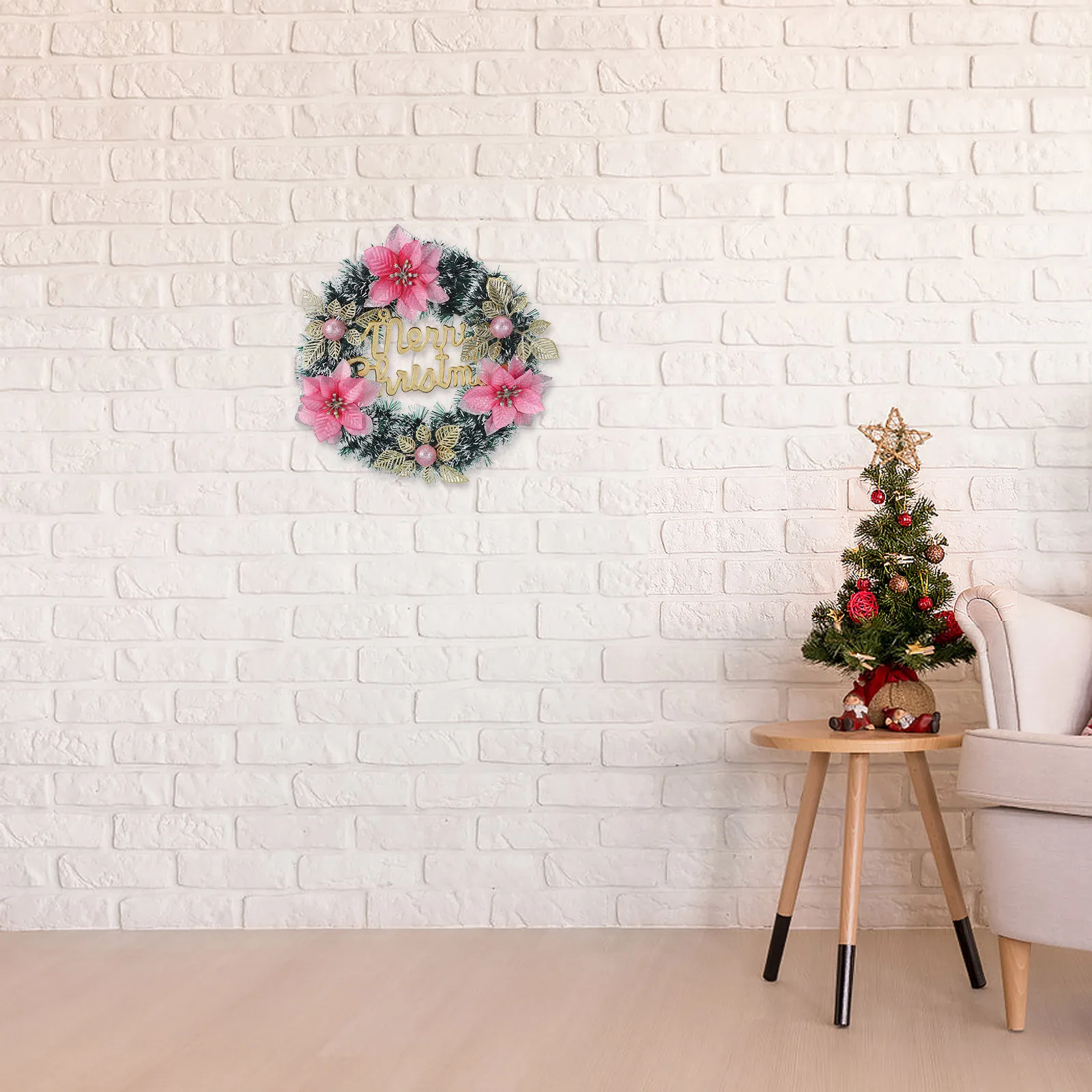 

Artificial Christmas Poinsettia Wreath Berry Bow Front Door Holiday Fireplace Porch Window Decoration Holiday Wreath