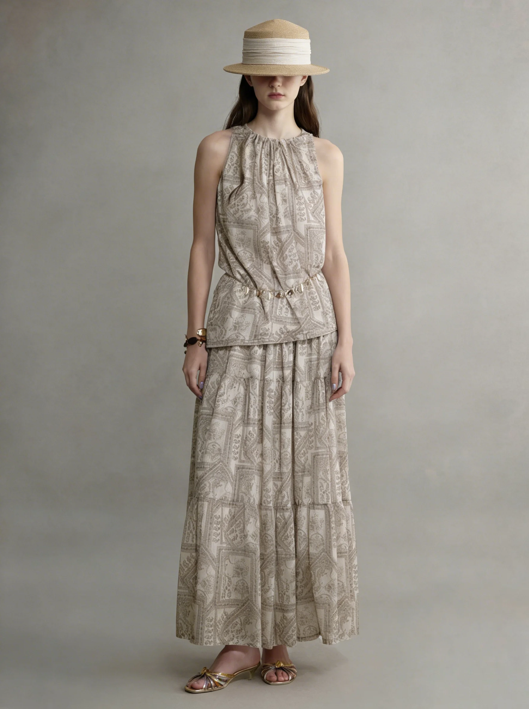 

Retro Walnut Print Sleeveless Vest Skirt Set Women's Beautiful Summer Vacation Style Complete Matching Casual Loose Fit