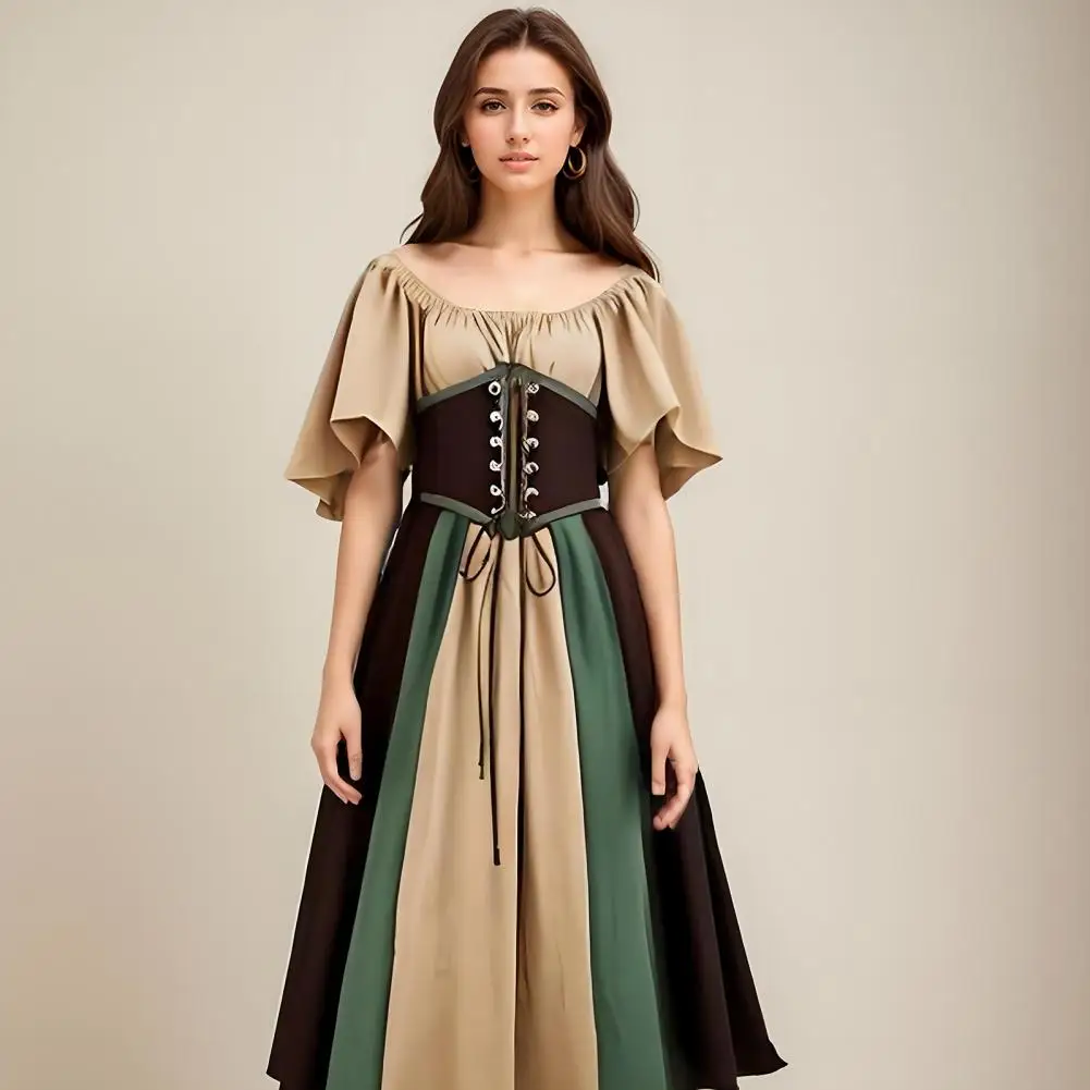 Vestido maxi de festa medieval feminino, vestido vintage plissado, cor contrastante, design de linha A com cosplay